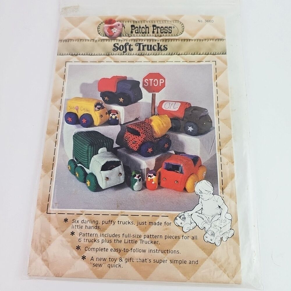 Patch Press Soft Stuffed Toy Truck Sewing Pattern 6 Trucks Uncut Unused 1981